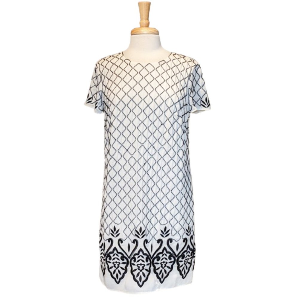BEBE Black on White Beaded & Embroidered Sheath Dress